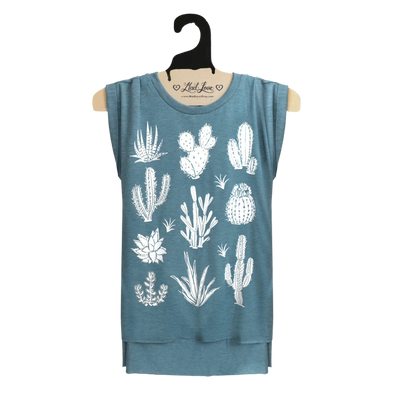 Tri Blend Blue Muscle Tee with Cactus Print