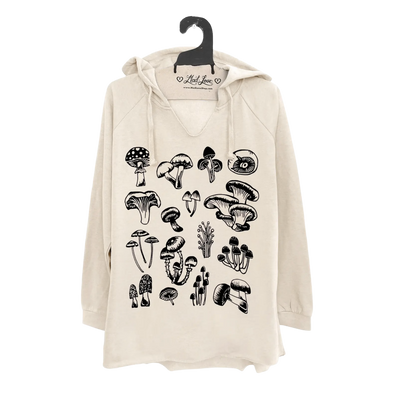 Cream Fleece V-Notch Beach Pullover Hood With Mushrooms