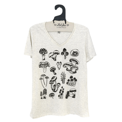 Heather Oatmeal V-Neck Tee with Mushrooms Print