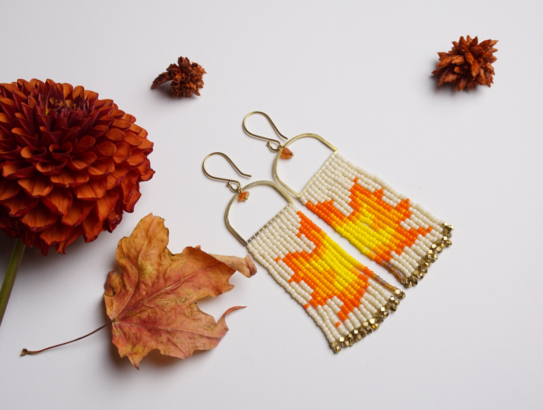 Hexagon Orange and White Earrings with Carnelian Gemstones