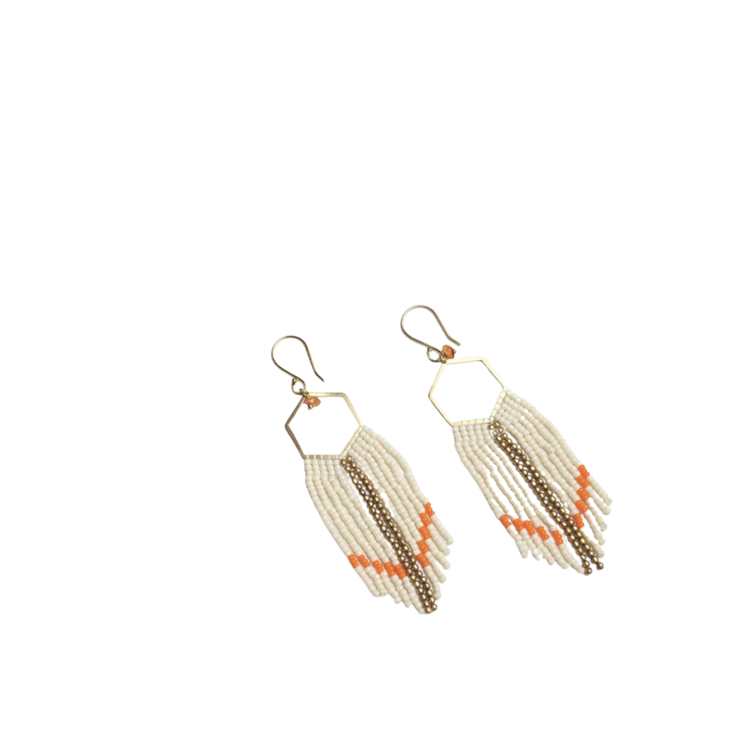 Hexagon Orange and White Earrings with Carnelian Gemstones