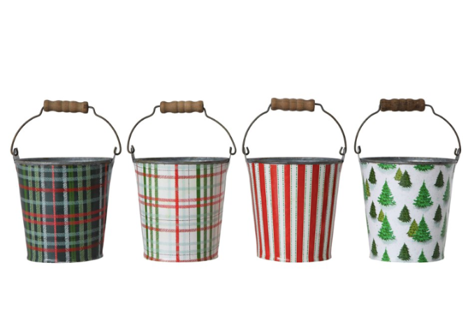 Metal Bucket w/ Pattern & Wood Handle, 4 Styles
