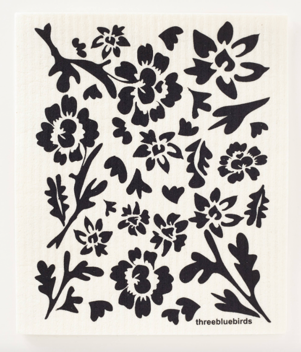 Black Flora on White Swedish Dishcloth