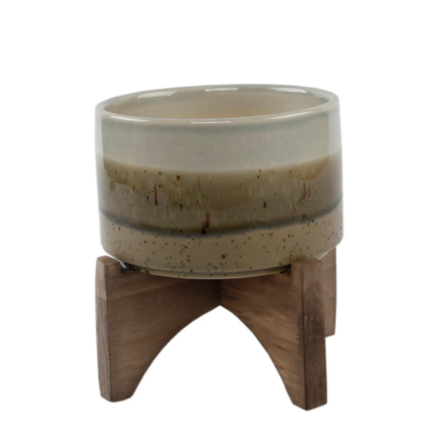 5" Ash Finish Ceramic Planter On Wood Stand