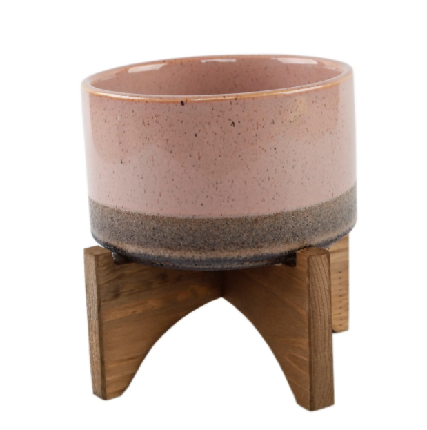 Lava Pink Ceramic Planter On Wood Stand