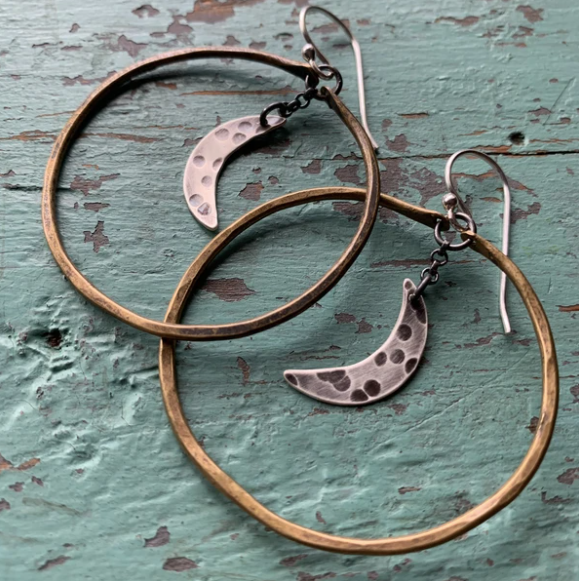 Moon Hoop Earrings - Brass Hoops, Silver Moons