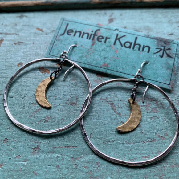 Moon Hoop Earrings - Silver Hoops, Brass Moons