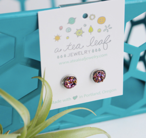 Pink Gold Blue Druzy Crystal Earrings