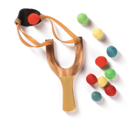 Wooden Slingshot with Rainbow Felt Balls