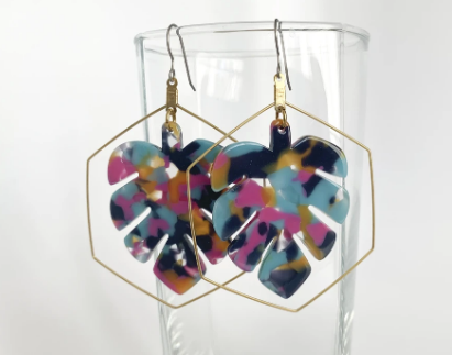 Monstera Tortoise Shell Dangle Earrings