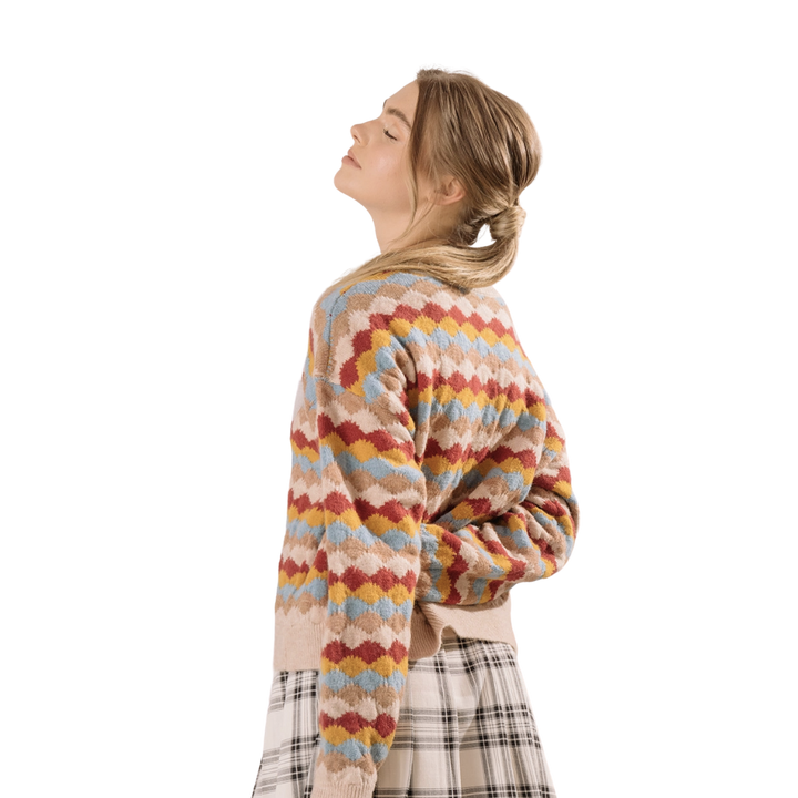 Wavy Multi Color Block Print Pullover Sweater