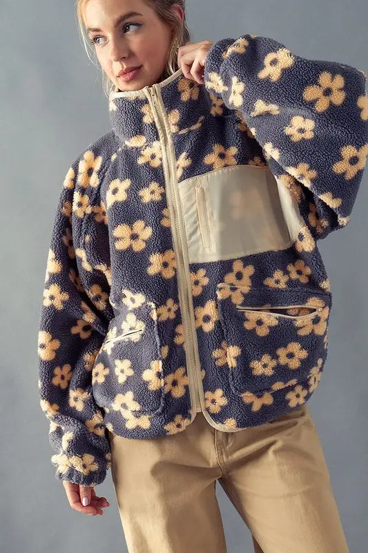 Flower Print Zip Up Cozy Fleece Jacket
