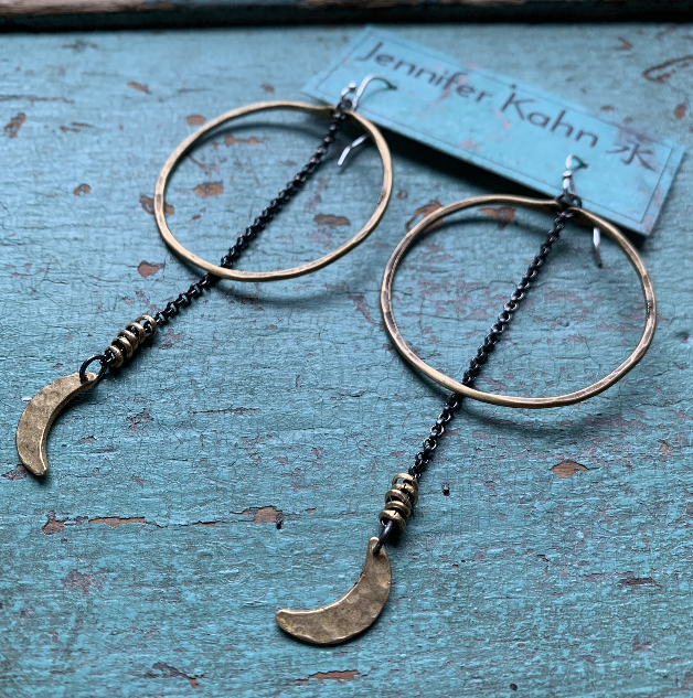 Moon Drop Hoop Earrings - Brass/Brass