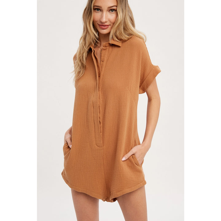 Button Up Shirt Romper - Camel
