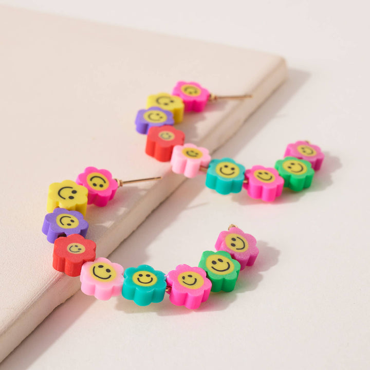 Smiley Face Flower Bead Hoop Earrings