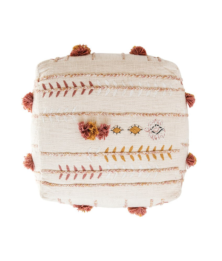Cream Gold and Pink Square Cotton Embroidered Pouf with Applique & Fringe