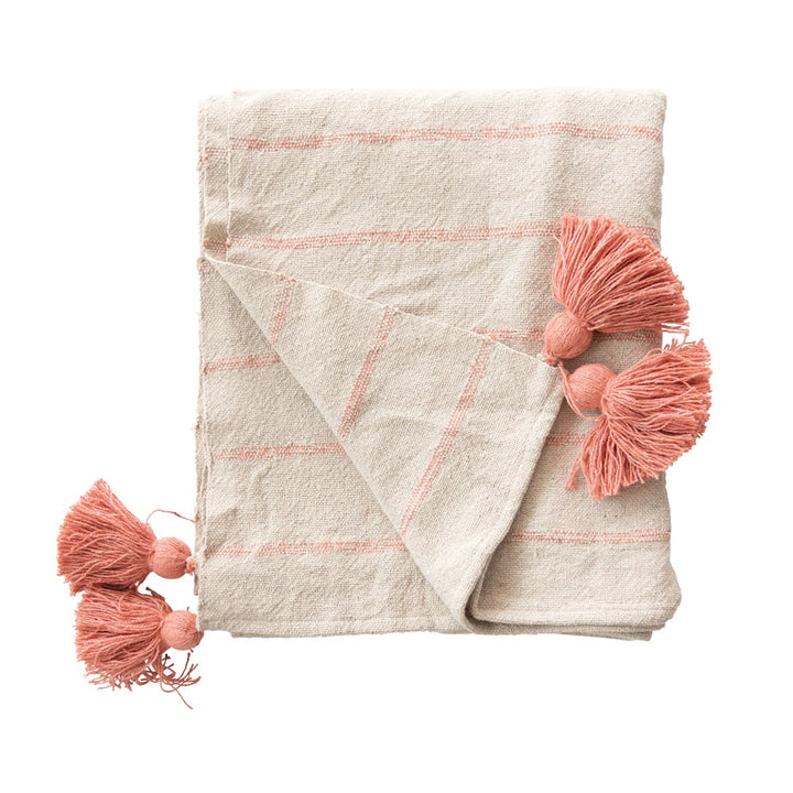 Woven Recycled Cotton Throw with Stripes & Tassels - Pink