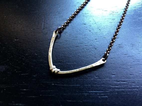 Forged Brass V Necklace with Silver Heishi
