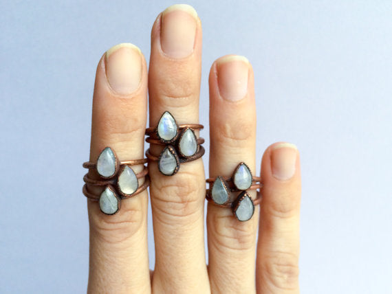 Rainbow Moonstone  Tear Drop Ring