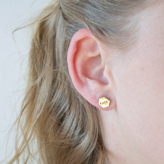 Fuck Yeah Brass Hexagon Studs