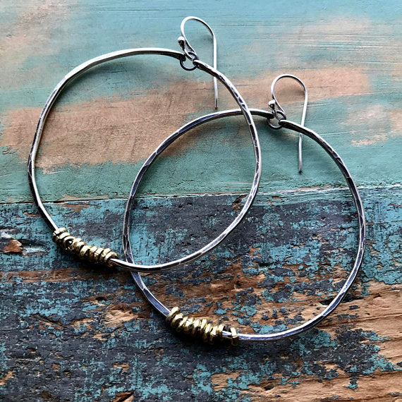 Silver Hoops with Brass Heishi Beads Large