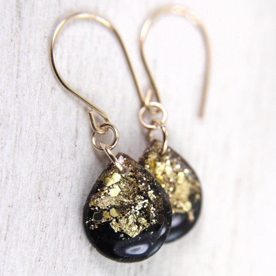 Black and Gold Leaf Teardrop Earrings