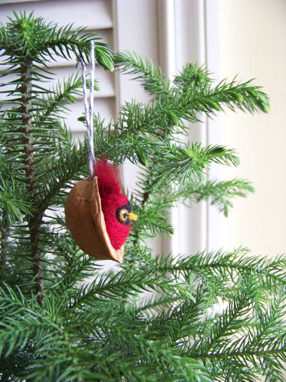 Needle Felted Cardinal in Walnut Heirloom Ornament