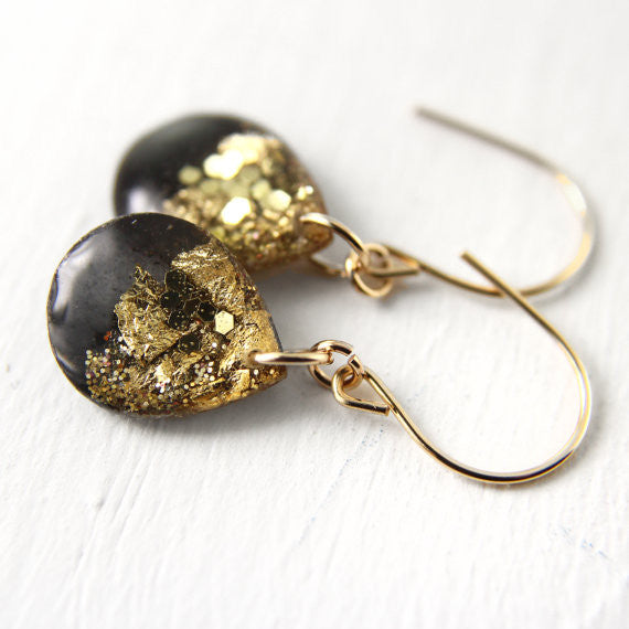 Black and Gold Leaf Teardrop Earrings