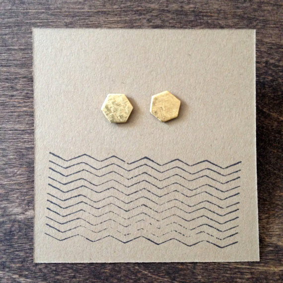 Hammered Brass Hexagon Studs