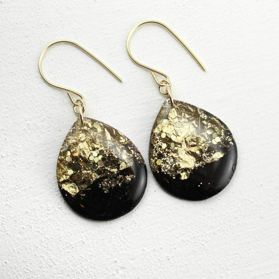 Large Black and Gold Leaf Teardrop Earrings // by Tiny Galaxies