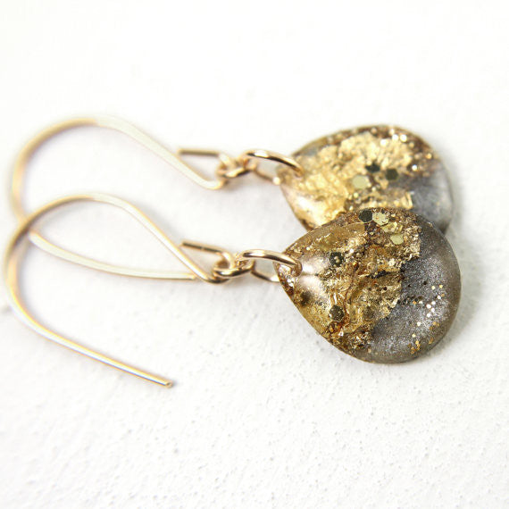 Grey and Gold Leaf Teardrop Earrings