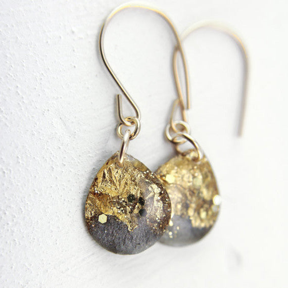 Grey and Gold Leaf Teardrop Earrings