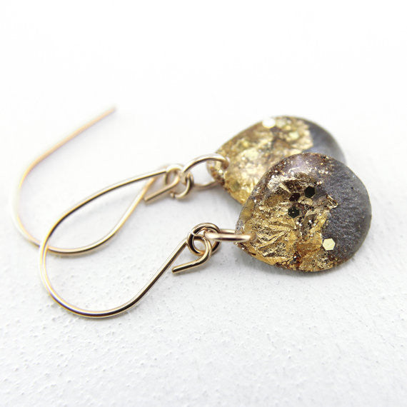Grey and Gold Leaf Teardrop Earrings