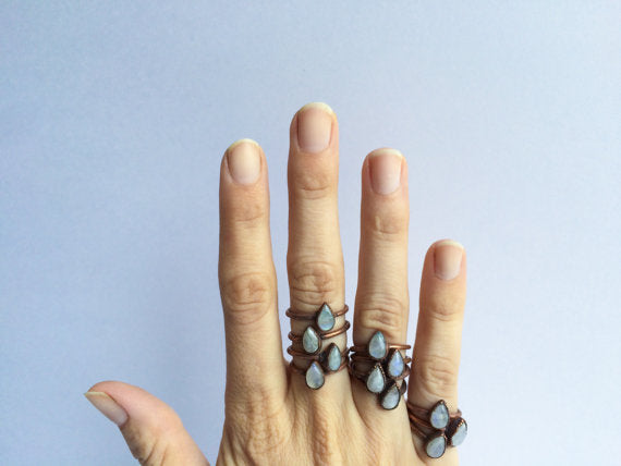 Rainbow Moonstone  Tear Drop Ring