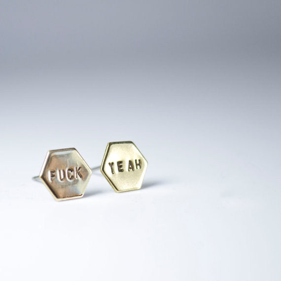 Fuck Yeah Brass Hexagon Studs