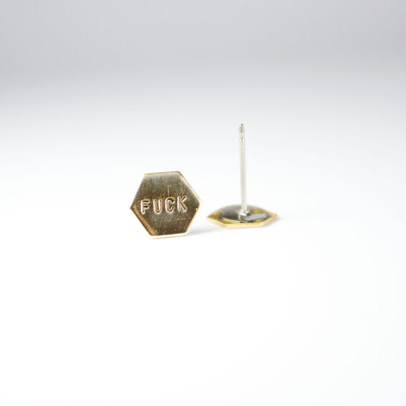 Fuck Yeah Brass Hexagon Studs