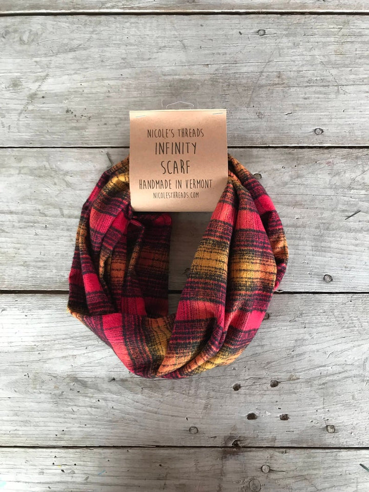 Plaid Flannel Infinity Scarf - Red, Mustard and Black