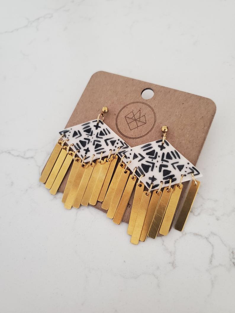 Black and White Diamond Brass Tassel Earrings