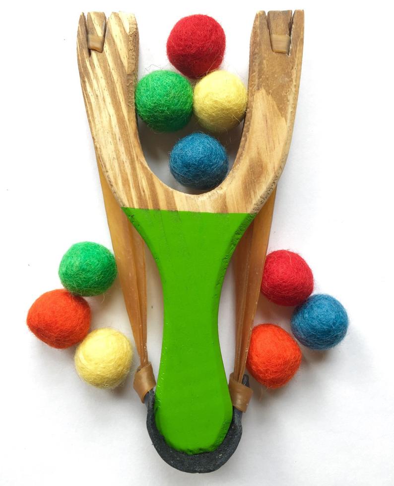 Wooden Slingshot with Rainbow Felt Balls