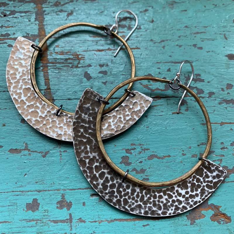 Mezzaluna Earrings - Brass Hoop w/ Thin, Hammered Silver Blade