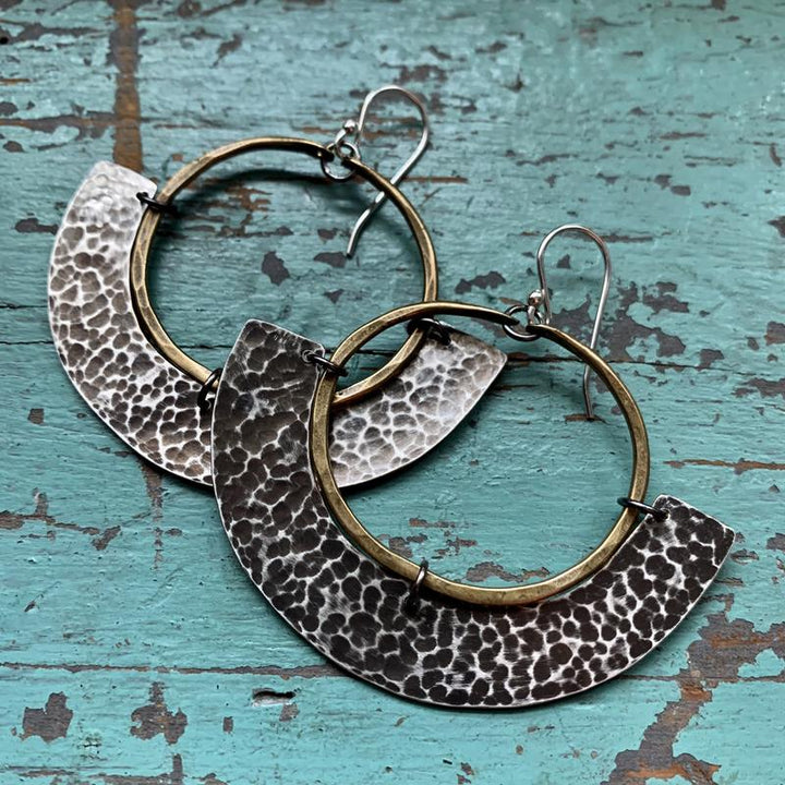 Mezzaluna Earrings - Brass Hoop w/ Thin, Hammered Silver Blade