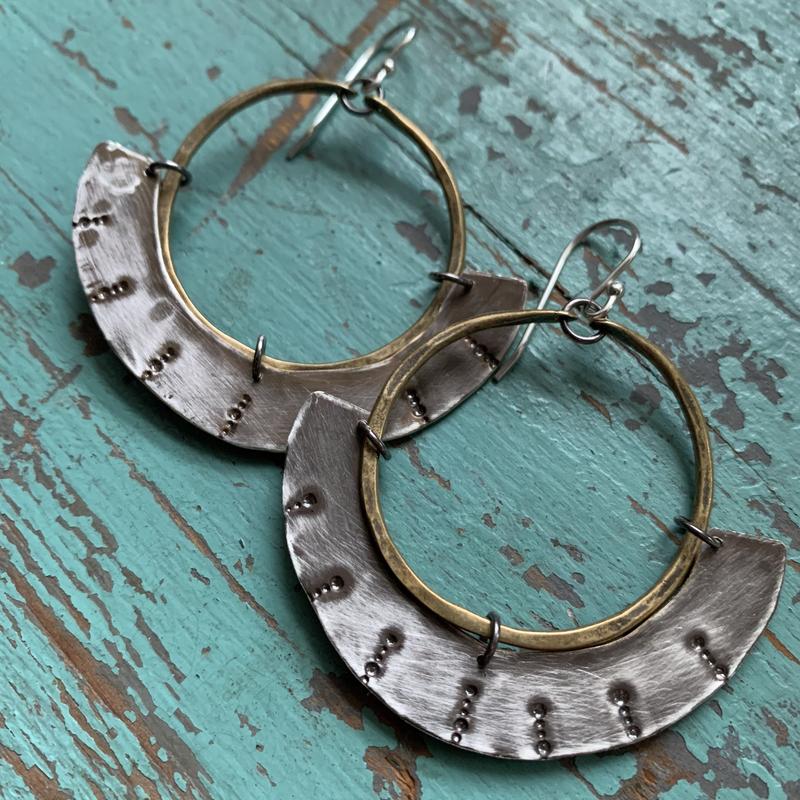 Mezzaluna Earrings - Brass Hoop w/ Thin, Stamped Silver Blade