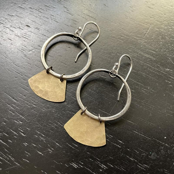 "Keyhole" Mezzaluna Earrings - Silver Hoop w/ Wide, Hammered Brass Blade