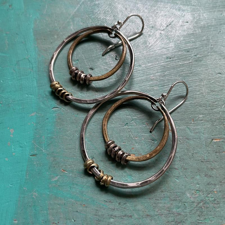 Double Hoop Earrings: Silver Outside Hoop, Brass Inner Hoop