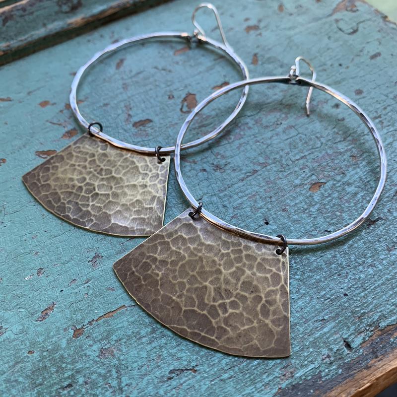 "Keyhole" Mezzaluna Earrings - Silver Hoop w/ Wide, Hammered Brass Blade