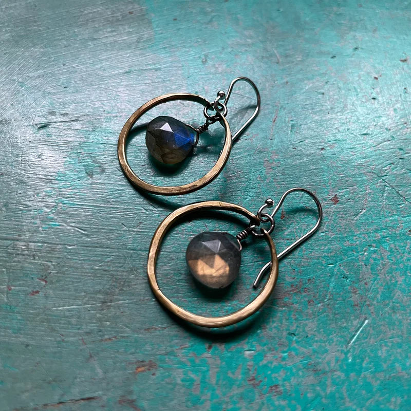 Tiny Brass Hoops with Faceted Labradorite