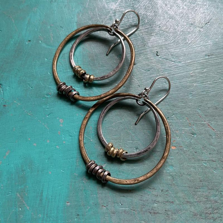 Small Double Hoop Earrings: Brass Outer Hoop, Silver Inner Hoop