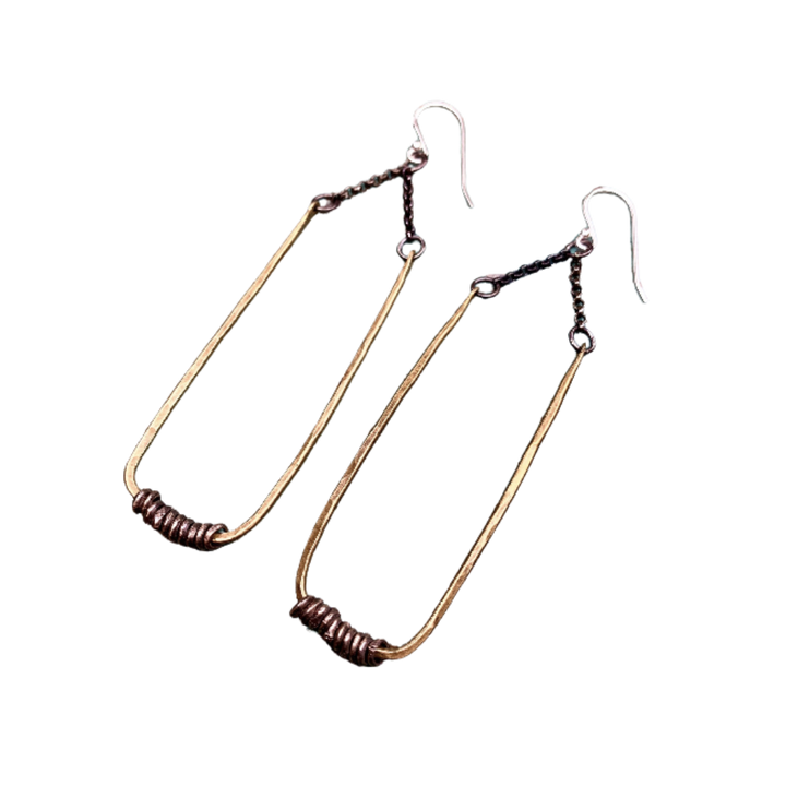 Medium Forged Brass Rectangle Earrings w/ Heishi