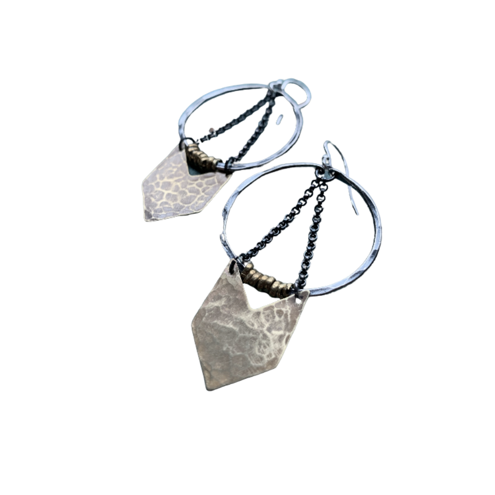 Small Warrior Earrings - Silver Hoops, Brass Chevron