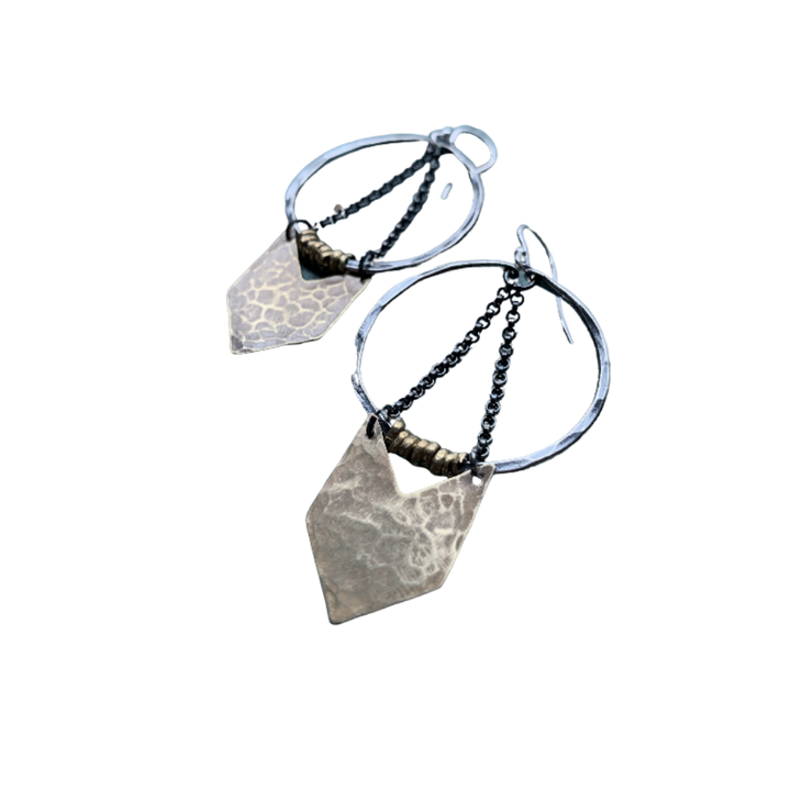 Small Warrior Earrings - Silver Hoops, Brass Chevron